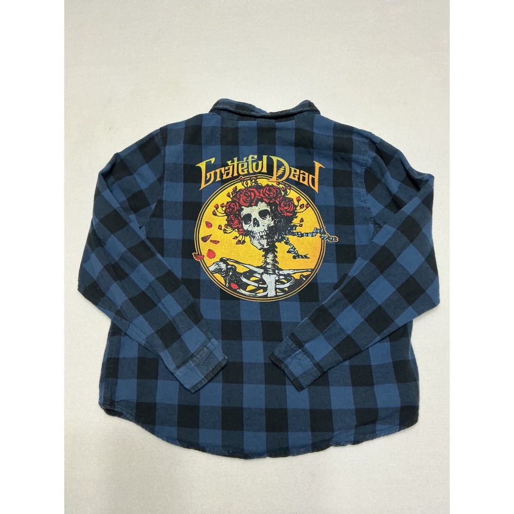 Grateful Dead Bertha Skeleton Roses Plaid Flannel Shirt Blue Black Medium